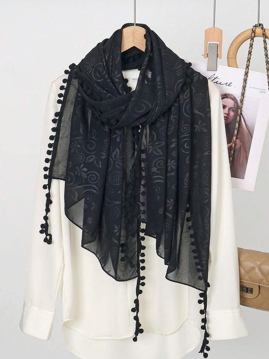 1 Stück Damen einfarbiger bedruckter vielseitiger Schal mit Cashew-Paisley-Muster und Pompon-Saum - Schwarz - Übersicht 1