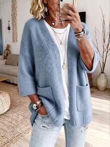 Plus Size Women's Solid Color Elegant Knit Cardigan Sweater With Pockets Fall - Baby Blue - View 1