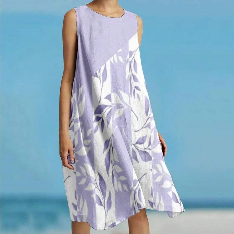 Women's Sleeveless, Printed, Loose-Fitting Casual Mini Dress (Holiday Style) - 紫色 - 查看 1
