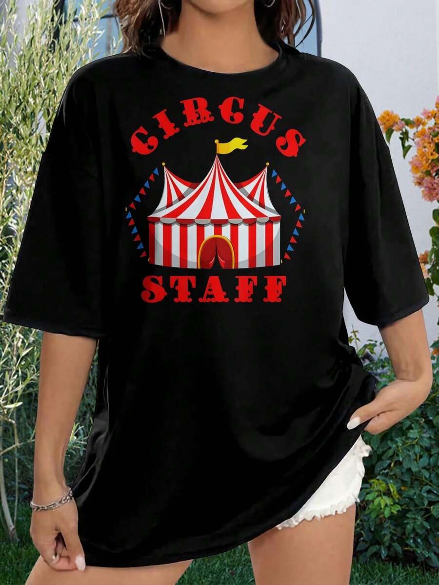 Camisetas vintage de carnaval con estampado de tienda de campaña para mujer - Negro - Ver 1