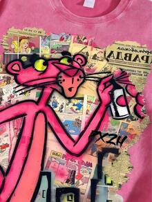 Vintage Acid Wash Pink Oversized T-Shirt, Retro Comic Newspaper Collage Graffiti Spray Paint Graphic Loose Fit 230g Heavyweight Men's Washed Tee - 髒髒洗玫紅色 - 查看 4