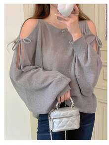 European Style Batwing Sleeve Sweater For Spring/Summer, Loose Top With V-Neck And Lantern Sleeves. - Silvery Grey - View 3