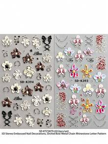 2pcs 5D 3D Embossed Orchid Bow Nail Stickers, Sweet Cool Punk Metal Chain Rhinestone Rose Nail Art Supplies, Artistic Nail Decoration For Wedding Season, Music Festival, Spring/Summer Party, Daily DIY - Multicolor - View 8
