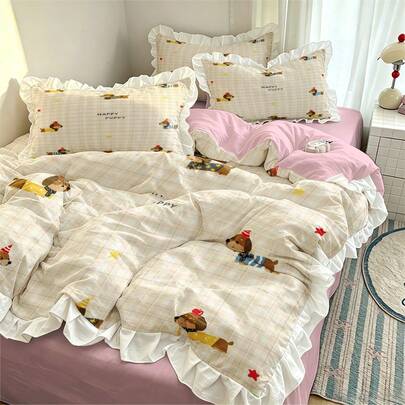 Fresh Minimalist Cute Ruffled Dachshund Pattern Printed Bedding Set, 1 Duvet Cover And 2 Pillowcases (No Fill), High-Definition Dyeing, 100% Polyester Fabric, King Size, Comfortable And Soft, Zipper Closure, Machine Washable, Suitable For Men, Women, Adults, Home Bedroom, Guest Room, Travel, Camping And Dorm