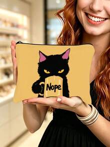 Tsundere Black Cat "Nope" Coffee Cup Makeup Bag, Funny Cat Print Zipper Storage Pouch, Portable Cosmetic Creative Gift - Multicolor - View 1