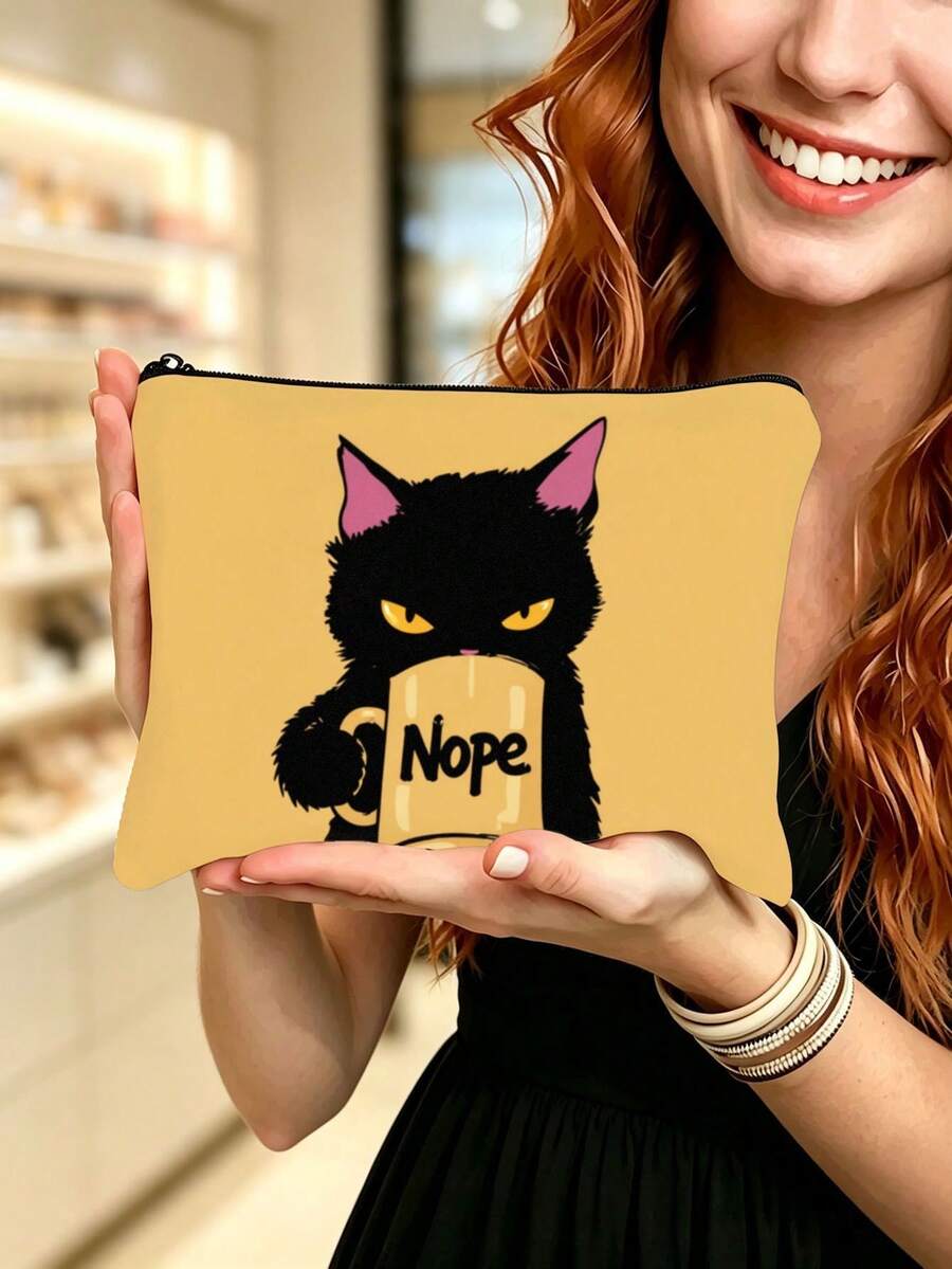 Tsundere Black Cat "Nope" Coffee Cup Makeup Bag, Funny Cat Print Zipper Storage Pouch, Portable Cosmetic Creative Gift - Multicolor - View 1