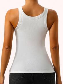 1 pieza Top de tirantes acanalado 2 en 1 con copas integradas, chaleco casual de primavera/verano - Blanco - Ver 3
