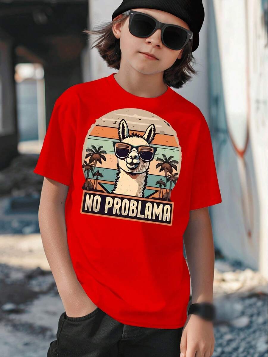 Boys' T-Shirt, Casual And Modern, Summer Fashion With Alpaca Print, Sunglasses And Palm Trees In Retro Sunset Style, For Children Aged 5 To 13 Years, No Problematic Prints, Gift - 紅色 - 查看 1