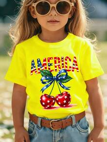 Camiseta de manga corta para niñas de moda de verano 'Día de la Independencia Americana' con elementos de la bandera americana 'AMERICA', estampado de dibujos animados de letras, lazo y cere - Rojo - Ver 11