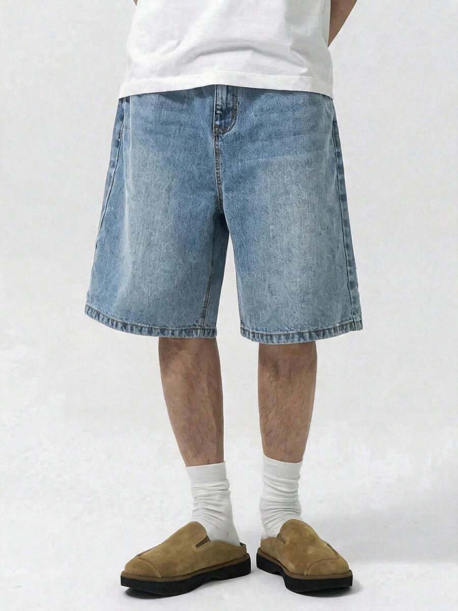 Men's Loose Casual Bermuda Denim Shorts With Pockets, Versatile Summer Jeans Shorts - Dusty Blue - View 1