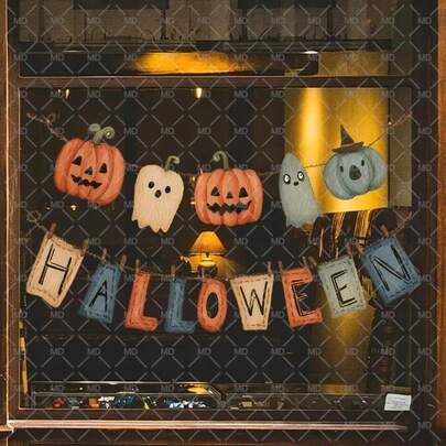 1pc Watercolor Halloween Garland Window Sticker With Hanging Pumpkins Friendly Ghosts Tiny Bats Letter Flags Above Halloween Banner For Window Self-Adhesive Transparent Glossy Removable Glass Surface Decor Cute Spooky Painted Look