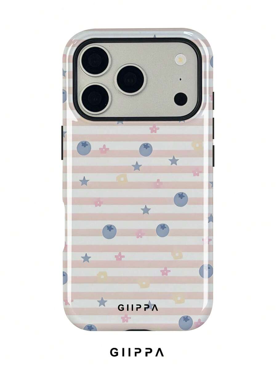 GIIPPA 1件淺粉色橫條紋背景搭配藍莓與小星星圖案設計手機殼,適用於Phone 17 Pro Max,兼容Phone 16 Pro Max、15 Pro Max、14 Pro Max,韓系高端時尚趣味手機殼,兼容11/12/13/14/15/16 Pro Max Plus,優雅設計男女皆宜,送給女友的聖誕節、情人節、復活節、婚禮季與生日完美禮物! - 粉色 - 查看 1