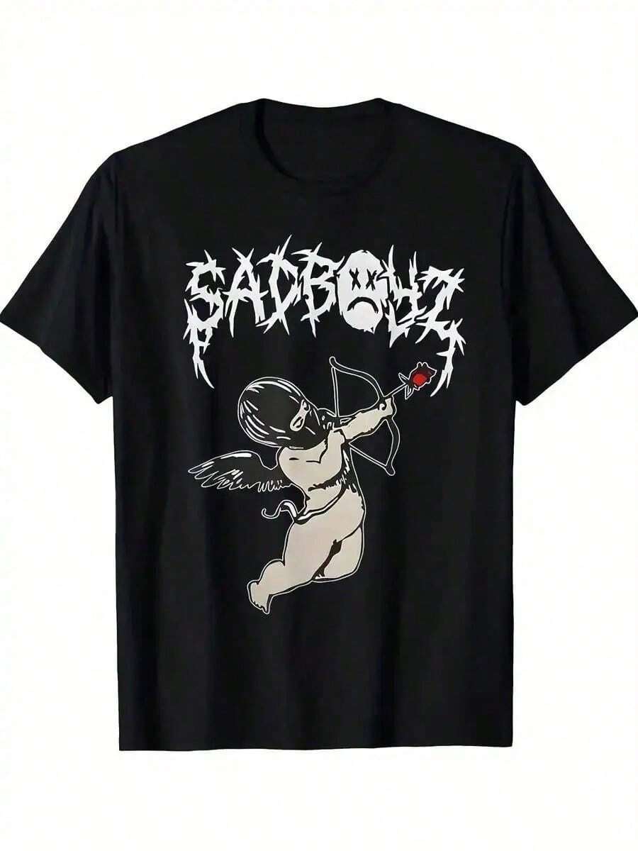 Men's Casual Short Sleeve Crew Neck T-Shirt With Cupid Print, Pink And SADBOYZ, Modern Retro Style, Suitable For All Seasons - 黑色 - 查看 1