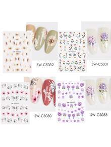6 Sheets 3D Flower Nail StickersWatercolor Rose Daisy Lavender Line Floral Random Mixed Designs Nail Decals Self-Adhesive Decals For Wedding Vacation & Daily DIY Manicure Nail Decoration - Multicolor - View 6