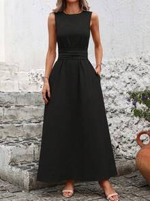 Sleeveless Casual Dress With Back Tie. Solid Color, Cool And Versatile. - Black - View 11