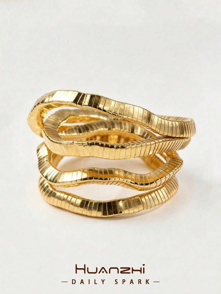 2 Elastic Cord Bracelets With Gold And Silver Color Blocks, European And American Style, 5-Piece Set, Simple And Versatile INS Style, Fashionable Bracelets For Everyday Wear - Aneka warna 4 - View 1