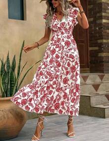 Maxivestido estampado de estilo bohemio para mujer – Diseño elegante con cuello en V y ajuste en la cintura - Marrón - Ver 7