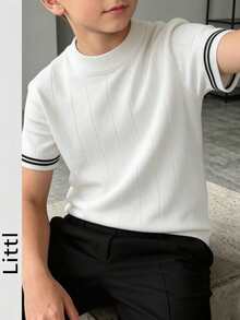 Boys' Half-High Neck Textured Ribbed Knit Black Striped Cuff Casual Knit T-Shirt - White - View 8