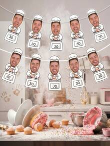 8/16/24pcs Personalized Custom Photo Banner - Funny Chef Hat Head & Apron Design Party Decor For Birthdays & Anniversaries. Ideal For Outdoor BBQs, Indoor Dining & Kitchen Celebrations. Unique Gift For Him, Dad, Husband, Boyfriend, Or Best Friend. - Multicolor - View 2