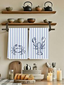 2 Pcs Lobster Crab Stripe Kitchen Towels Blue White Dish Towels Can Be Used In Kitchen Drying Hand Towels Tea Towels Suitable For Farmhouse Kitchen Home Indoor Dish Drying - Baby Blue - View 8