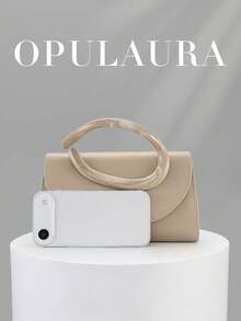 OpulAura 復古純色手拿包，百搭小手提包，時尚 PU 女款包，適合婚禮、派對、舞會、晚餐及其他場合 - 杏色 - 查看 3