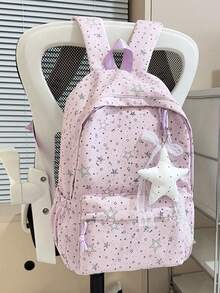 1 pieza Mochila con patrón de estrellas para niñas, mochila de nailon para adolescentes con cierre de cremallera, gran capacidad, sin colgante - A - Ver 6