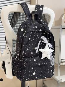1 pieza Mochila con patrón de estrellas para niñas, mochila de nailon para adolescentes con cierre de cremallera, gran capacidad, sin colgante - A - Ver 12