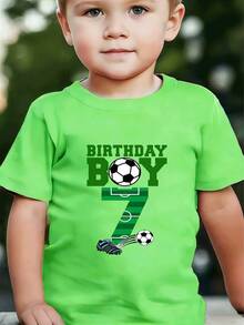 Boy's Number 7 Birthday Party T-Shirt, Featuring A "Birthday Boy" Print In Green Lettering, A Casual Short-Sleeved Sporty Style With Stadium Numbers And A Soccer Ball Design. - 酒紅色 - 查看 2