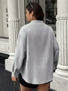 夏季大尺碼杏色條紋金屬鈕扣開衩下擺V領休閒優雅女式襯衫，適合日常、外出、通勤穿著 - 淺灰色 - 查看 5