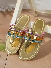 Gold Base Colorful Square Rhinestone Women's Thong Sandals, Multi-Color Braided Strap Design, Flat Comfortable Fit, Summer Vacation Travel, Daily Beach Wear Flip Flops - Gold - View 3