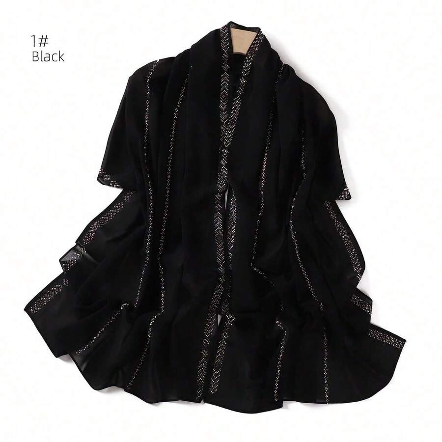 1 Piece Solid Color Rhinestone Chiffon Hijab, Elegant Faux Rhinestone Scarf, Sunscreen Shawl For Women, Ideal For Dresses. - 黑色 - 查看 1