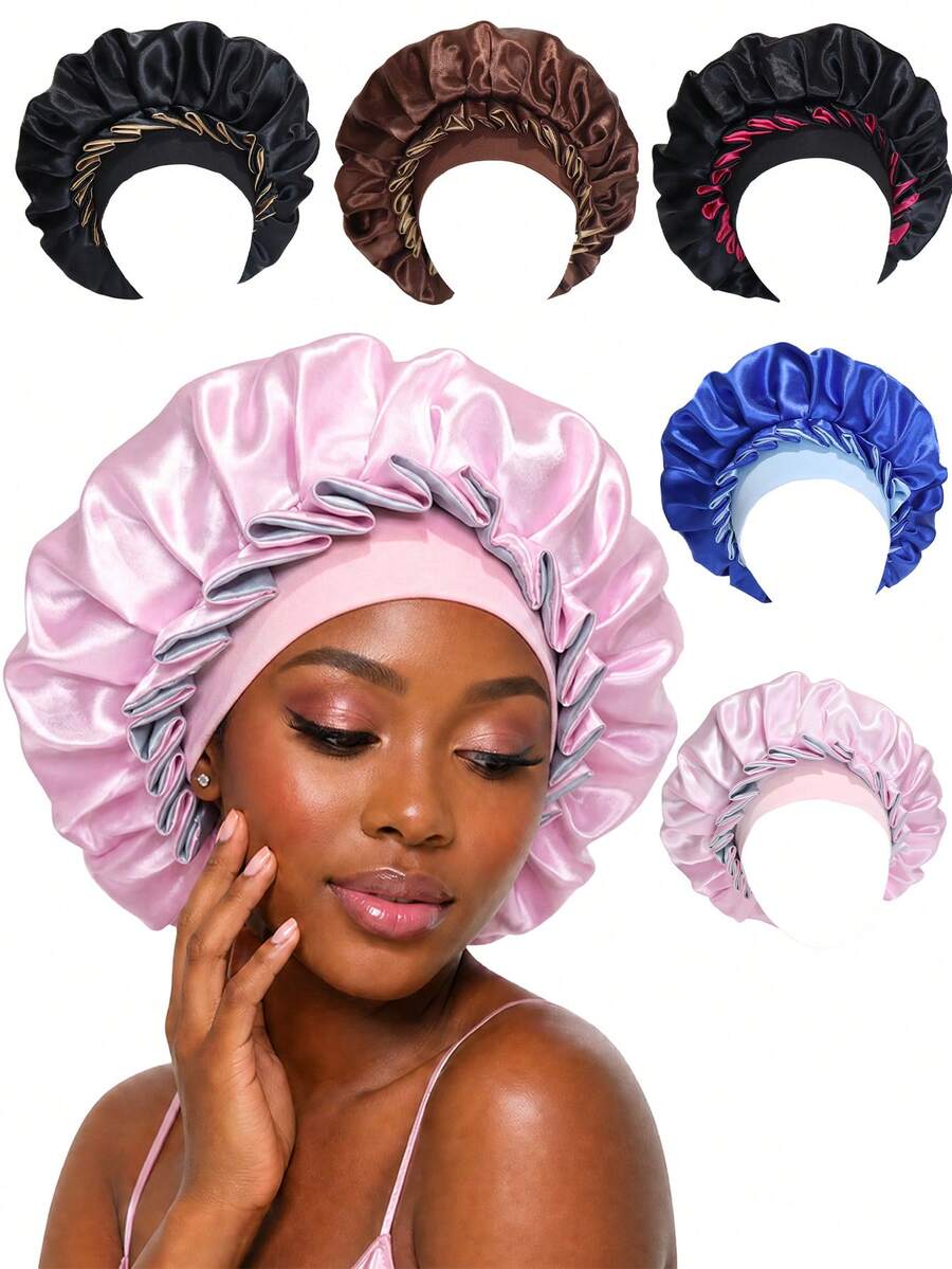 CONFLASS Bohemian Style Ruffle Double Layer Satin Sleep Bonnet, Soft Luxurious Reversible Silk Satin Hair Cap, Elastic Curly Hair Nighttime Hair Protection Cap - Multicolor - View 1