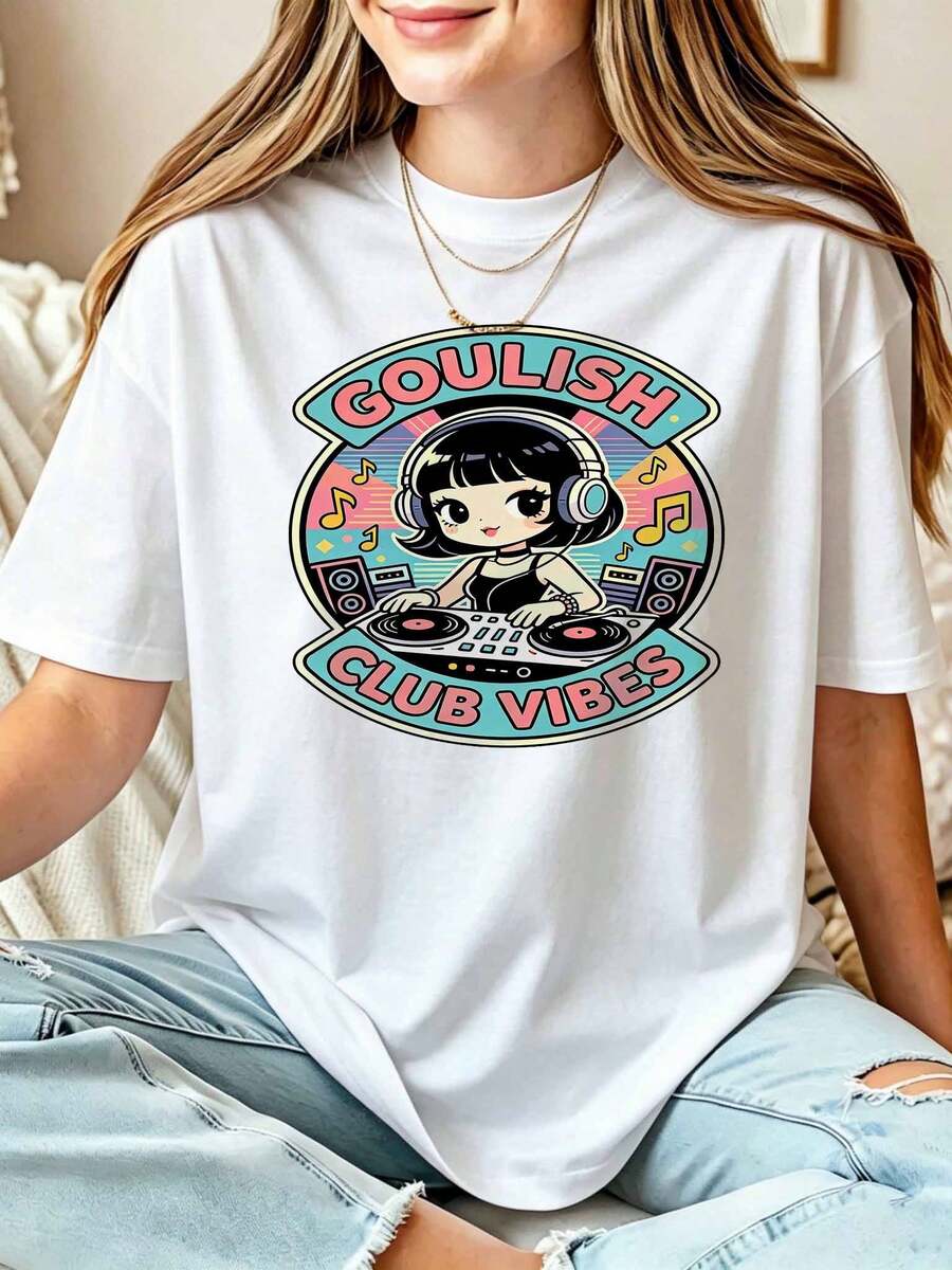 Retro Goulish Club Vibes Tee, 90s Anime DJ Girl T-Shirt, Kawaii Electronic Music Graphic Top, Vibrant Y2K Neon Rave Party Shirt - White - View 1