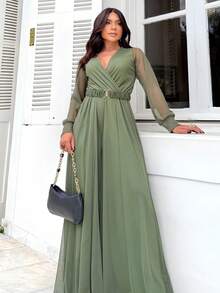 Women's Long Sleeve Jumpsuit, Semi-Transparent, Lined, Lightweight, V-Neck, Comfortable, Fresh, Casual, Elegant, Sizes M And L, Printed And Solid - 軍綠色 - 查看 2