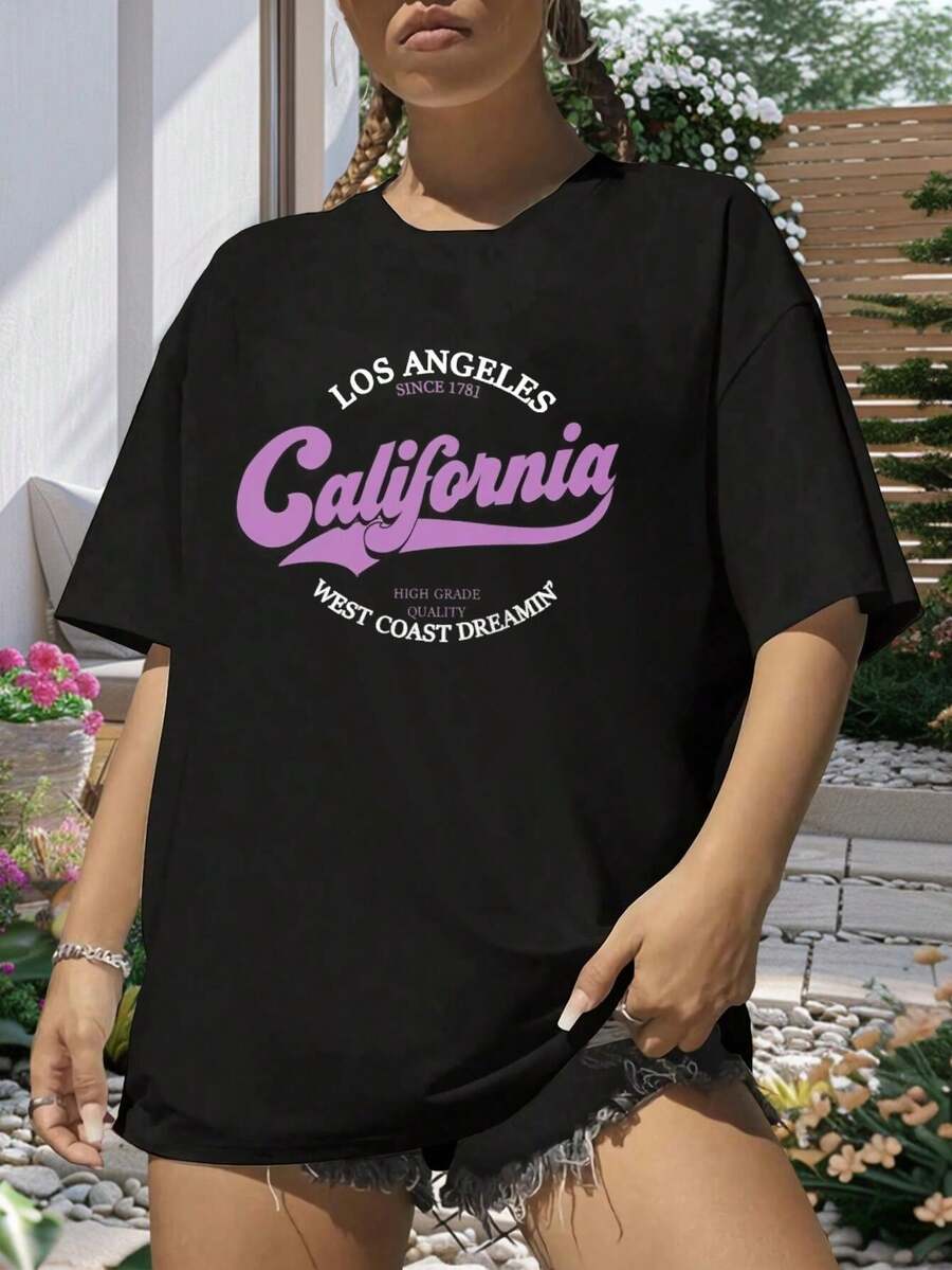 Women's T-Shirts Los Angeles California Graphic West Coast Dreamin' Vibes Vintage Fashion Summer Streetwear Top For Women - 黑色 - 查看 1