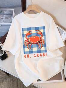 1pc Women's T-Shirt, Men's T-Shirt, Round Neck, Youthful Urban Style, Crab Print, For Summer And Leisure - 白色 - 查看 1