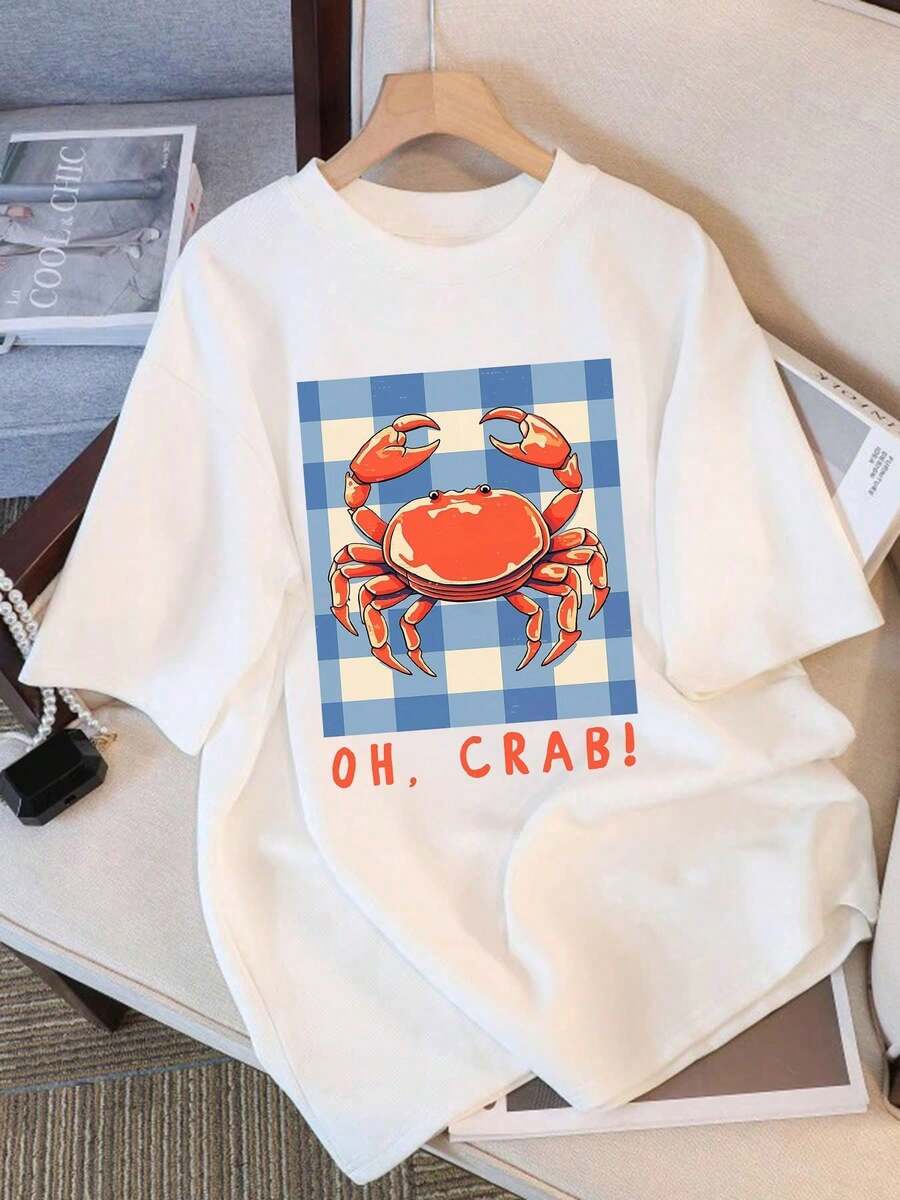 1pc Women's T-Shirt, Men's T-Shirt, Round Neck, Youthful Urban Style, Crab Print, For Summer And Leisure - 白色 - 查看 1