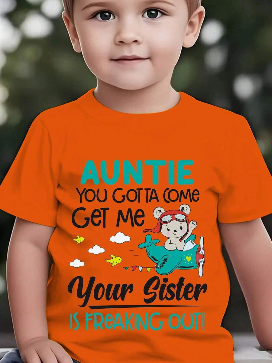 Fashionable Summer Short-Sleeved T-Shirt For Children With The Print "AUNT, YOU HAVE TO COME! Your Sister Is Going Crazy!" Featuring A Bear With Flight Gear Flying An Airplane, N - 粉色 - 查看 1