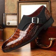 Men's Crocodile Embossed Monk Strap Dress Shoes, British Style Square Toe Formal Leather Shoes For Business & Wedding - Brown - View 3