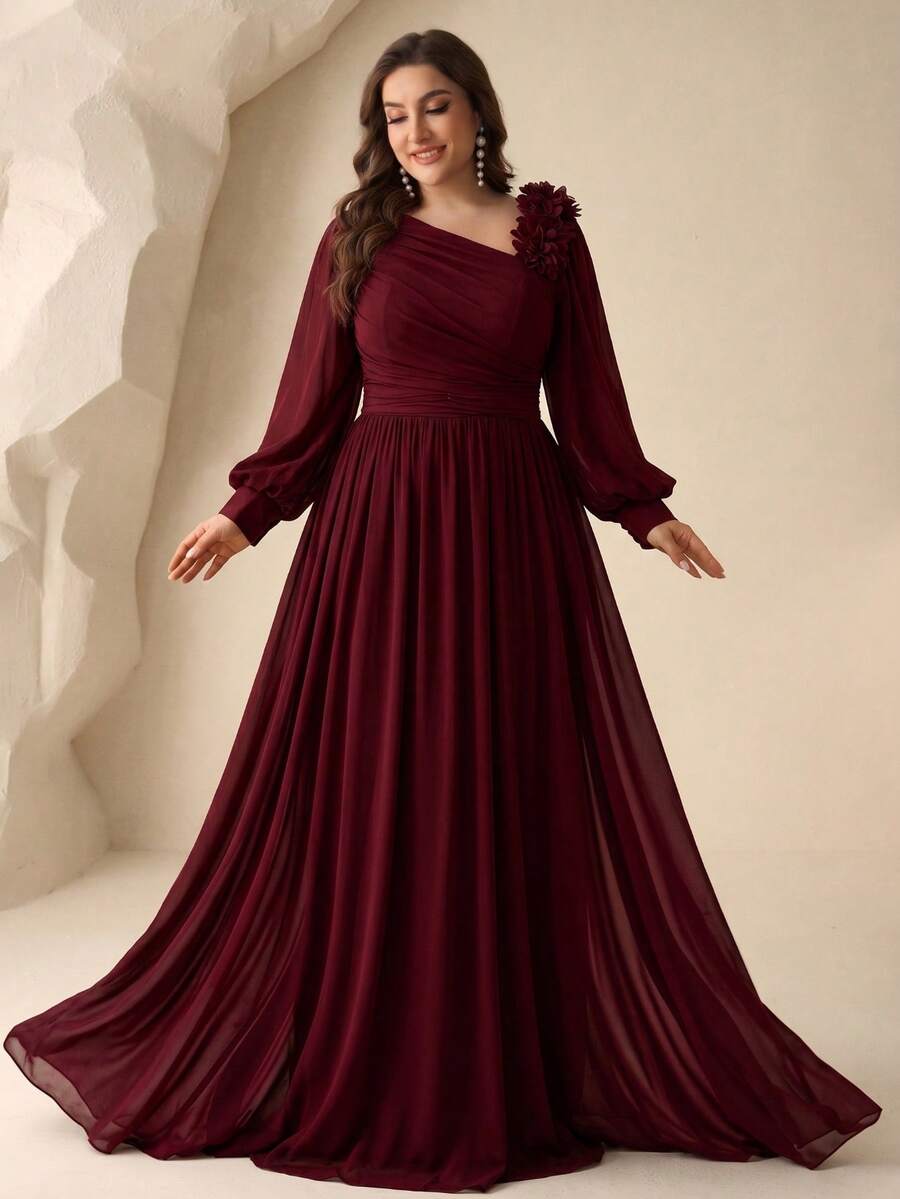 SUPGIR Elegant Solid Color Chiffon Asymmetrical Shoulder Floral Decor Bridesmaid Dress - Burgundy - View 1
