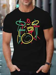 Soft Cotton T-Shirt For Men With Drum And Music Design - Casual Elastic Crew Neck, Suitable For Music Lovers - Black - View 1