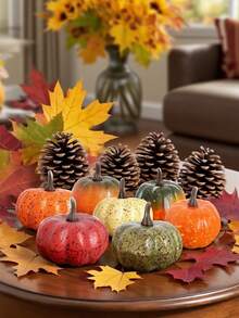 8pcs Artificial Mini Pumpkin Set With Autumn Leaves, Fall Harvest Home Decor Pumpkin Set, Suitable For Home, Wedding, Autumn Tabletop Arrangement, Halloween, Thanksgiving - A - View 6