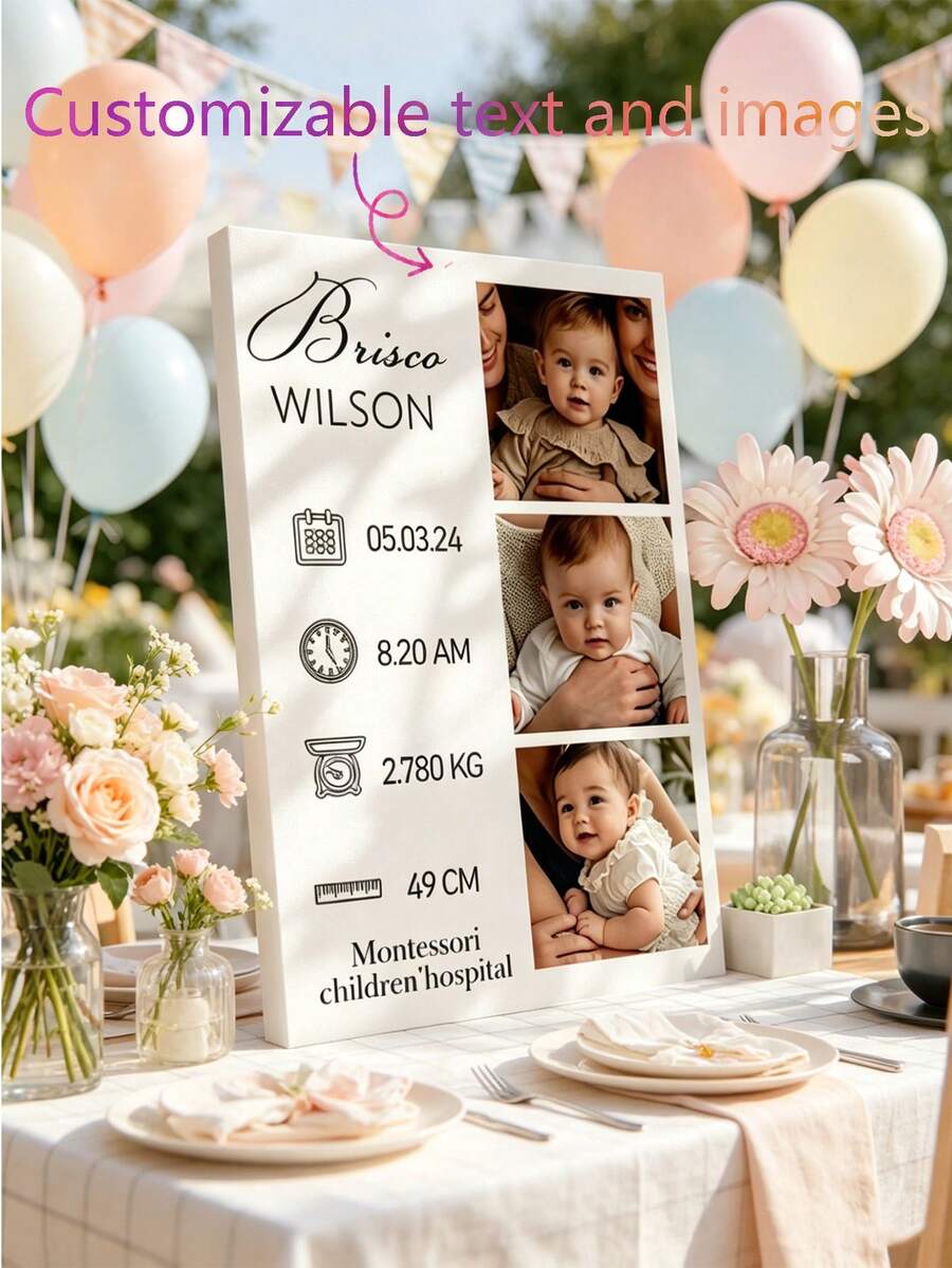 Custom Photo & Text Canvas Print Poster, Personalized Name & Text, Meaningful Personalized Gift, Newborn Gift, Baby Girl Gift, Baby Boy Gift, New Parents Gift, Keepsake, Canvas Print Artwork With Your Name, Suitable For Bedroom, Living Room, Nursery, Friends, Photos, Framed Wall Art, Christmas Gift, Family Gift, Birthday Gift, Back To School Gift For Friends And Family - Multicolor - View 1