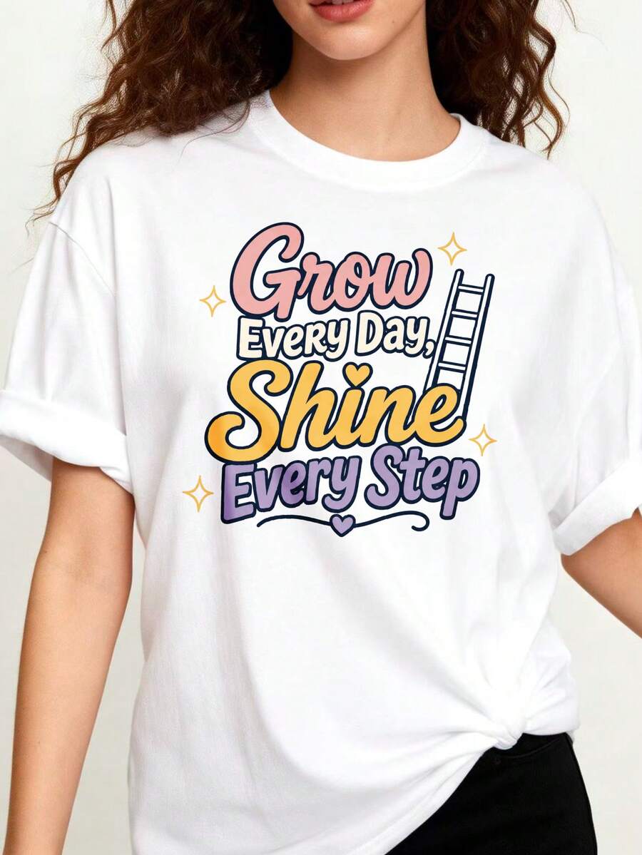 Women's Loose-Fitting, Casual, Crew Neck T-Shirt Made Of 100% Cotton, Featuring The Inspirational Quote "Grow Every Day, Shine With Each Day." - 白色 - 查看 1