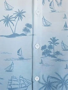 Men's 3D Palm Print Collared Shirt Set, Short Sleeves, Pocket And Drawstring Shorts, Loose And Comfortable, Ideal For Spring/Summer. - White - View 5