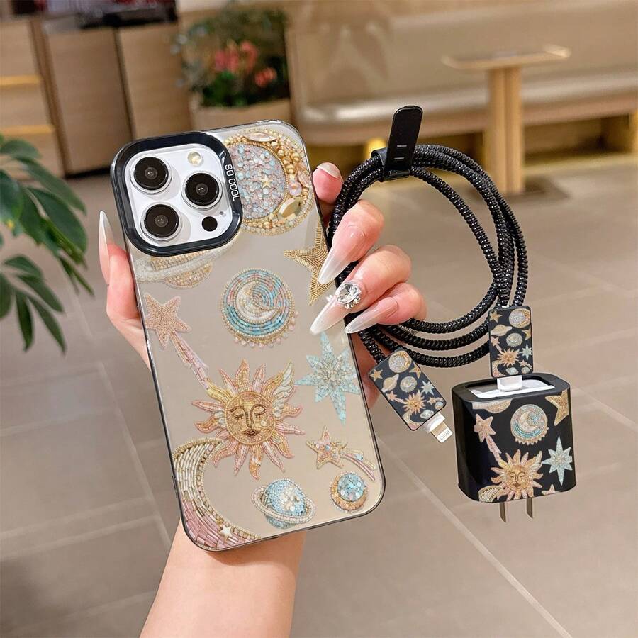 6件組彩色銀色星球手機殼圖案 + 充電頭保護套 + 線材保護套 + 收納繩 + 數據線保護纏繩 TPU 防摔保護殼,適用於 iPhone 6 7 8 XXs XR XS Max 11 12 13 14 15 16 Pro Max,適合作為情侶、女性、女兒、男朋友、女朋友、青少年女孩的生日與聖誕禮物 - 彩色 - 查看 1