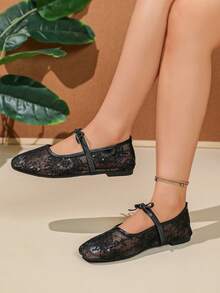 Black Square Toe Flat Mary Jane Shoes With Lace Mesh, Slip-On Elastic Band Fashion Loafers, Women's Spring/Autumn New Low Vamp Casual Shoes, Elegant Commuter Office Minimalist Style - Black - View 3