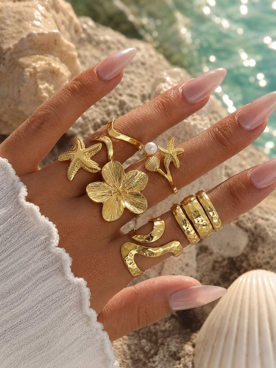 6pcs/Set Summer Women's Star Flower Geometric Asymmetrical Rings, Bohemian Style Shell Star Charm Open Rings, Beach Party Jewelry Gift - Yellow Gold - View 1