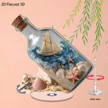旋轉式 2D 壓克力航海裝飾品－玻璃感瓶身含船隻、錨、海星與貝殼，海洋主題底座－迷你海洋場景，適合桌面、層架、窗台－模型船裝飾 - A - 查看 1