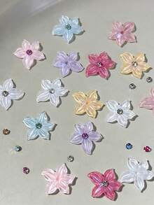 30pcs Mixed Mini Ice Crystal Glitter Flower Nail Art Charms,3D Soft Carved Pink Blue Purple Five Petal Nail Rhinestones,DIY Summer Colorful Cherry Blossoms Nail Decor - Multicolor - View 6